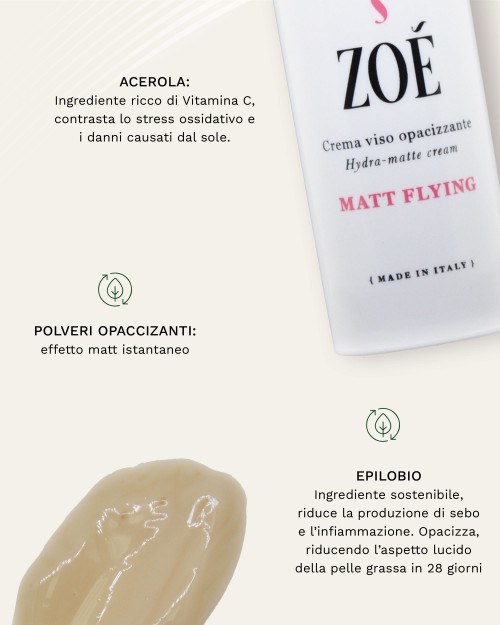 MATT FLYING Crema viso opacizzante con Complesso Botanico Antinquinamento, Acido Ialuronico e Vitamina C - 50 ml